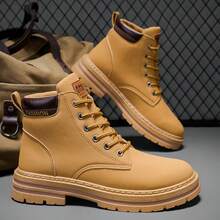 Men's Casual Fashion Street Commute Versatile Vacation Style Lace-Up High-Top Leather Riding Boots - Yellow - View 3