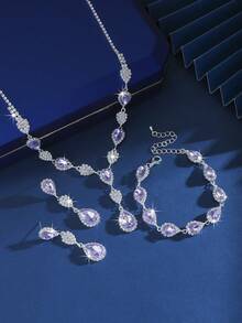 1 Set Copper Material Sparkling Crystal + Inlaid Teardrop Gemstone Necklace Set (Necklace + Earrings + Bracelet), Suitable For Weddings, Gatherings, Formal Parties, Outfits - 1662796 Purple Jewelry Set - View 4