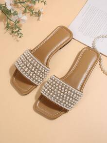 Dép xăng đan quai ngang đính đá cho nữ, dép nhựa đế bằng đa năng thoải mái dùng ngoài trời. - màu nâu - Xem 3