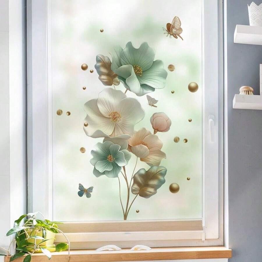 3D立体花卉植物蝴蝶叶防水自粘浴室马桶贴纸，卧室墙贴 - 彩色 - 查看 1