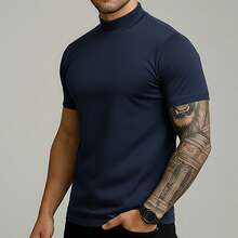 Men's Slim Fit Mid-Neck T-Shirt, Premium Cotton, Basic Casual Style - Màu xanh hải quân - Xem 9