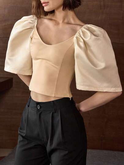 Women's Solid Color Elegant Puff Sleeve V-Neck Blouse Summer