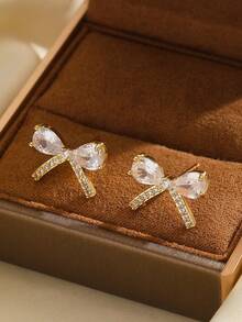 一套不锈钢立方氧化锆蝴蝶吊坠项链和耳环首饰套装，多功能微镶奢华个性化配饰，适合日常生活/派对/节日/生日/情人节/斋月，礼品首饰 - 蝴蝶結-均碼 - 查看 3