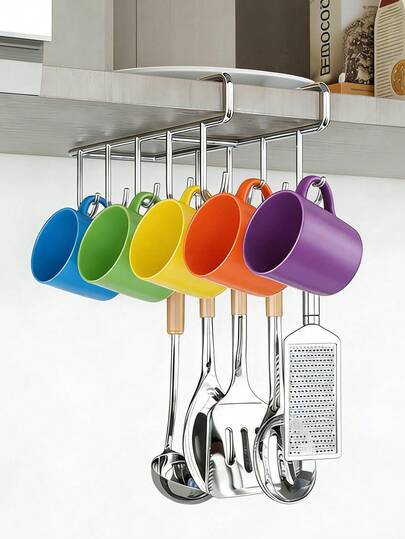 Stainless Steel Cup Hooks, Multi-Functional Hanging Rack, Heavy Duty Rust-Proof Coffee Cup Holder, Under Cabinet Kitchen Organizer, Key & Belt Holder