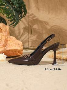 9cm Pointed Toe High Heel Pumps For Women, Elegant Adjustable Buckle Slingback Stilettos, Mirror PU Material, Multiple Straps With Metal Decor, Kitten Heel, Suitable For Daily, Party, Valentine's Day, Date, Office Wear - Brown - View 6