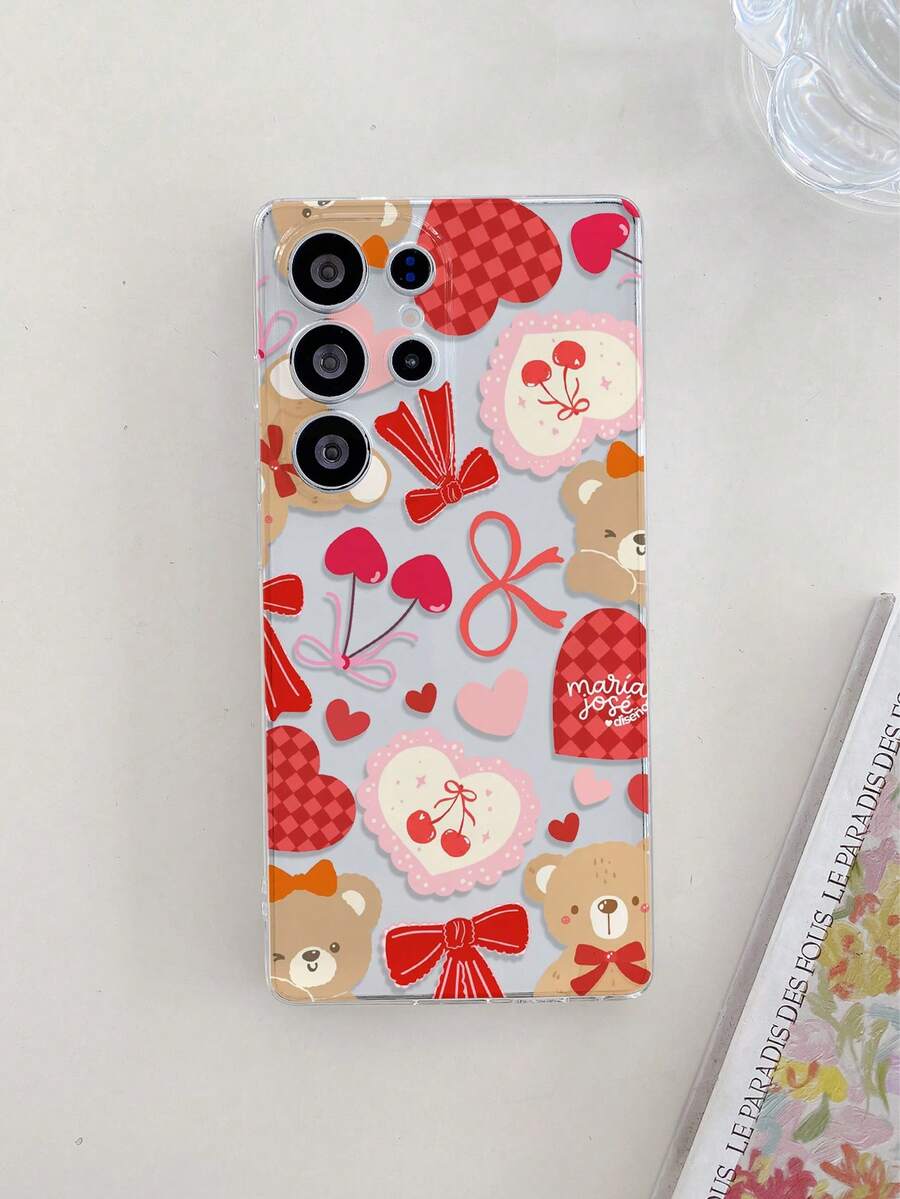 1pc Heart Cherry Bear Pattern Android Phone Case, Precise Cutout Camera Protection Suitable Compatible With Samsung, Nothing, Pixel, INFINIX, Redmi - Clear - View 1