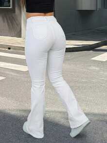 Jeans pour femmes, jeans grande taille, jeans taille haute, jeans effet galbant, jeans blancs extensibles, style décontracté minimaliste, jeans coupe slim, jeans évasés, vêtements décontractés pour femmes, style léger d'été - Blanc - Voir 7