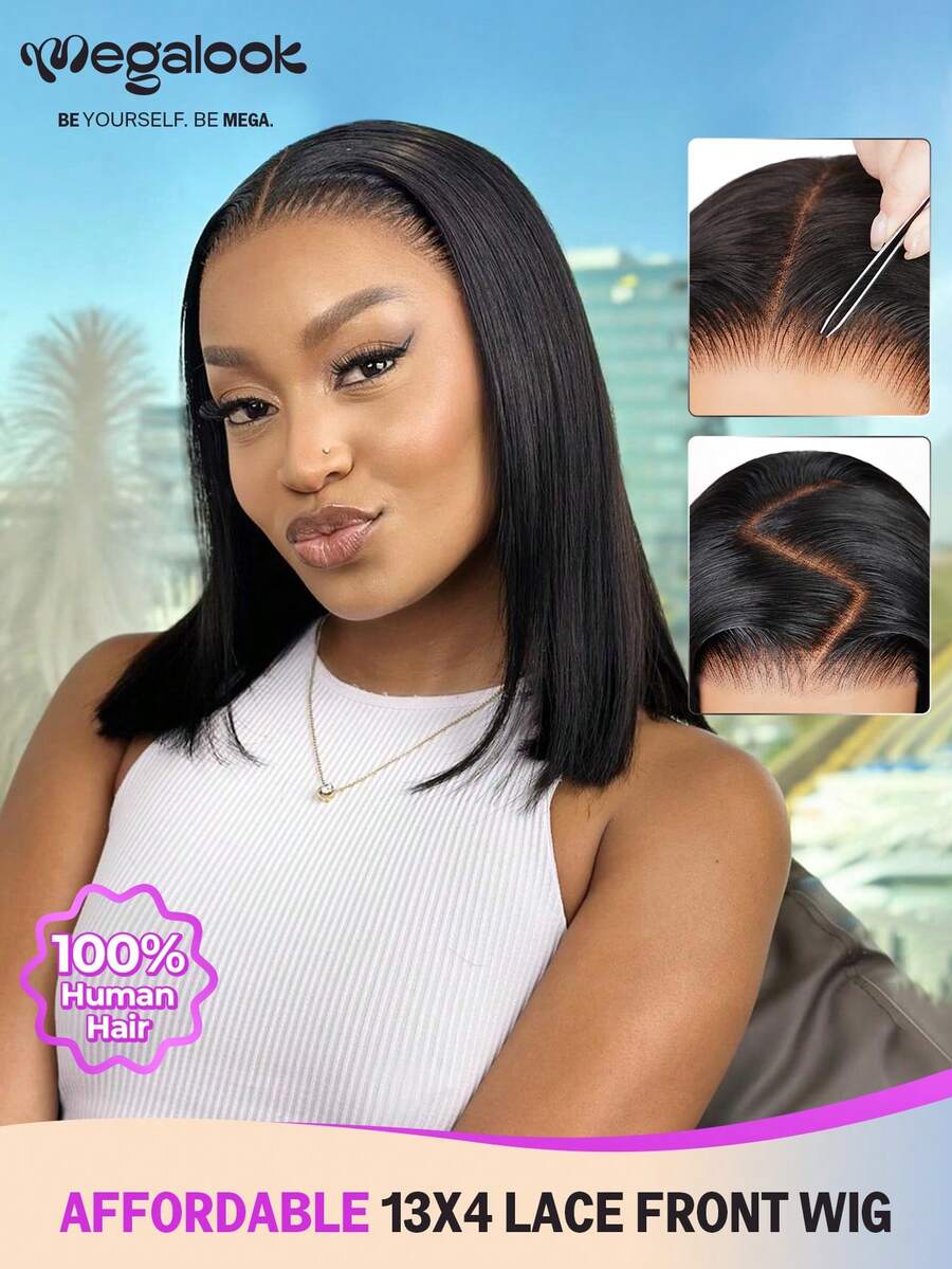 MEGALOOK 直发波波头假发，100%真人发，13x4蕾丝前短波波头，透明蕾丝前短假发，自然色直发，细小发结，12-14英寸，适合女性 - 新手友好，自然逼真，日常佩戴，适合办公室、僵尸新娘、万圣节、派对、Y2K、坏女孩、度假、户外、角色扮演、校园、学校假期、圣诞节、派对、婚礼、节日等场合。