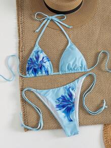 New Sexy Fashion Printed Halter Top And Briefs Set, 4-Piece Summer Outfit - Baby Blue - View 4