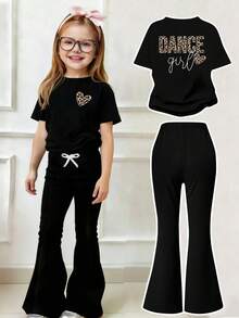 Bộ áo thun ngắn tay và quần ống loe họa tiết trái tim in hình da báo dành cho bé gái tuổi teen. - màu đen - Xem 9