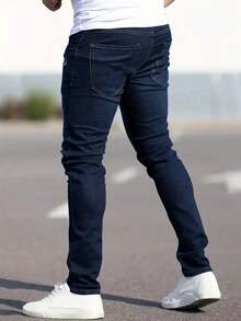 Men's Stretch Ripped Jeans Dark Blue - Slim Straight Comfort Denim Pants | Distressed Streetwear For Urban Fashion | All Year Round Casual Wear - Rửa tối - Xem 2