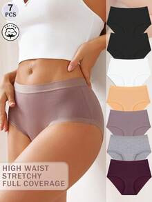 7Pcs Women's High-Waisted Cotton Panties - Soft Breathable Comfortable Underwear With Stretchy Waistband Full Coverage,180g 95% Cotton Briefs,Size From S To XXL - Nhiều màu - Xem 1