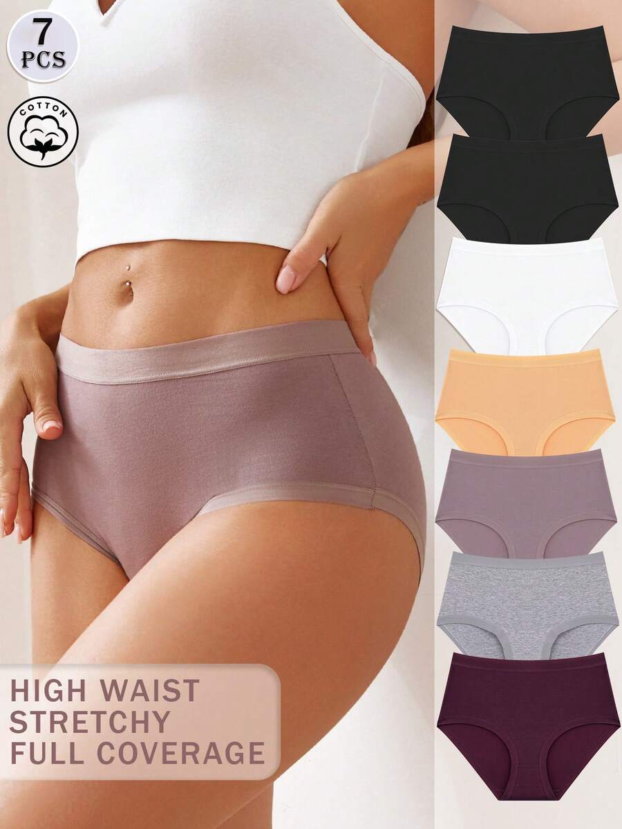7Pcs Women's High-Waisted Cotton Panties - Soft Breathable Comfortable Underwear With Stretchy Waistband Full Coverage,180g 95% Cotton Briefs,Size From S To XXL - Nhiều màu - Xem 1