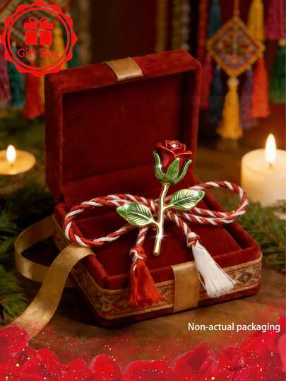 1pc Handmade Red White Tassel Rose Brooch With Gift Box, Martisor 2026,Folk Style Accessory, Suitable For Holiday Gift Giving And Family Gatherings