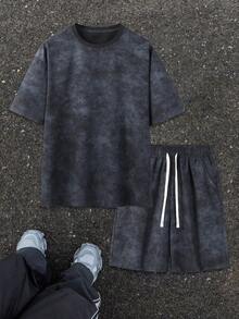 Men's Classic Black Drawstring Shorts Set, Casual Solid Color Printed T-Shirt, Men's 2-Piece Outfit, Fitness Apparel, Men's 2-Piece Set, Men's Suit, Men's 2-Piece, Black 2-Piece Set, Suitable For Spring/Summer Daily Wear, Street Style Sports - Black - View 3