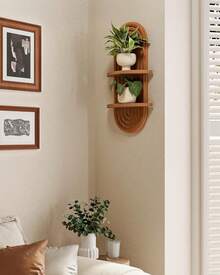 Boho Wall Decor Brown Plant Wall , 2-Tier Wooden Floating Shelves - 棕色 - 查看 5