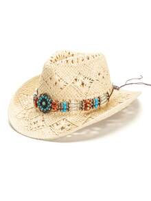 1pc Solid Color Boho Casual Hollow-Out Decor UPF Sun Protection Woven Panama Hat, Cowboy Sunhat, Fashion & Versatile For All Seasons, Commute - Panama Straw Hat - View 28