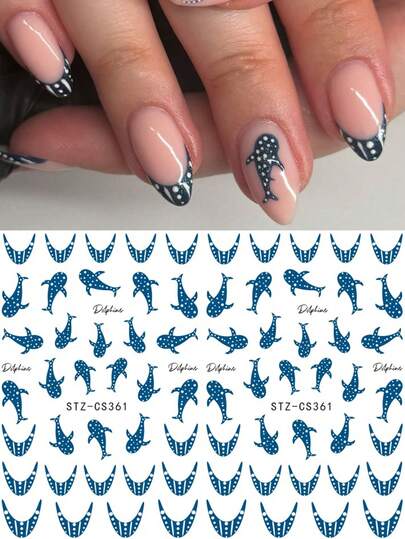 2 יחידות מדבקות ציפורניים תלת-ממדיות בסגנון כריש אוקיינוס, אופנתיות עם נקודות פולקה, קו גלי צרפתי, דביקות כריש ים, קישוטי ציפורניים קיץ בסדרת אוקיינוס שנה לחדשה, אביזרי קישוט ציפורניים
