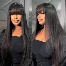 NATAN Elegant Black Synthetic Wig With Bangs - Medium Straight, Heat-Resistant, Natural Look For Cosplay & Daily Wear, 150% Density, Adjustable Cap - Natural & Black - View 4