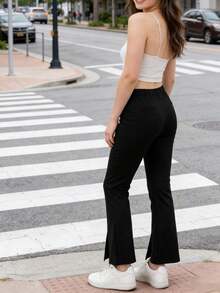 Side Split High Waist Flare Pants Stretchy Slim Fit Daily Casual Street Pants - Black - View 4