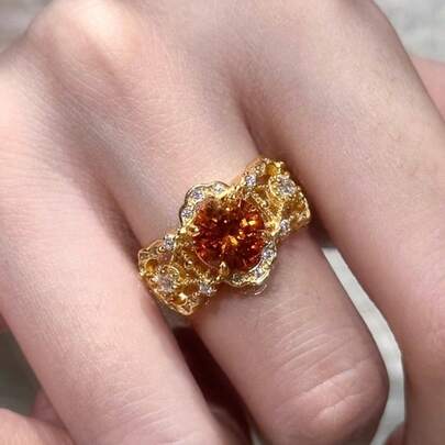 1pc Vibrant Orange Center Statement Ring With Shiny Accents