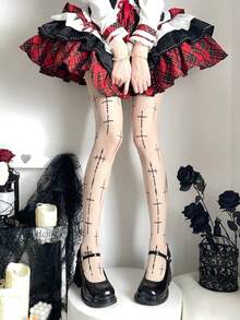 Women's Avant-Garde Punk Sheer Leggings, Nude Base Color Patchwork Gothic Pattern Mesh Thigh High Socks, Suitable For Spring, Summer, Autumn Street Fashion, Daily Party, Y2K Alternative Chic Stockings - Multicolor - View 7