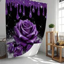 1pc/3pcs/4pcs Purple Rose Floral Bathroom Decor Shower Curtain Set, Free 12pcs Hooks Included, Elegant Holiday Atmosphere, Bathroom Mat, U-Shaped Floor Mat And Round Toilet Mat, Suitable For All Scenarios - Multicolor - View 15