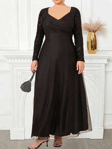 Vestido elegante de unicolor y malla transpirable para mujer de talla grande, adecuado para ocasiones formales y citas, con forro de jacquard de manga larga, un regalo para la esposa en el Día de San Valentín