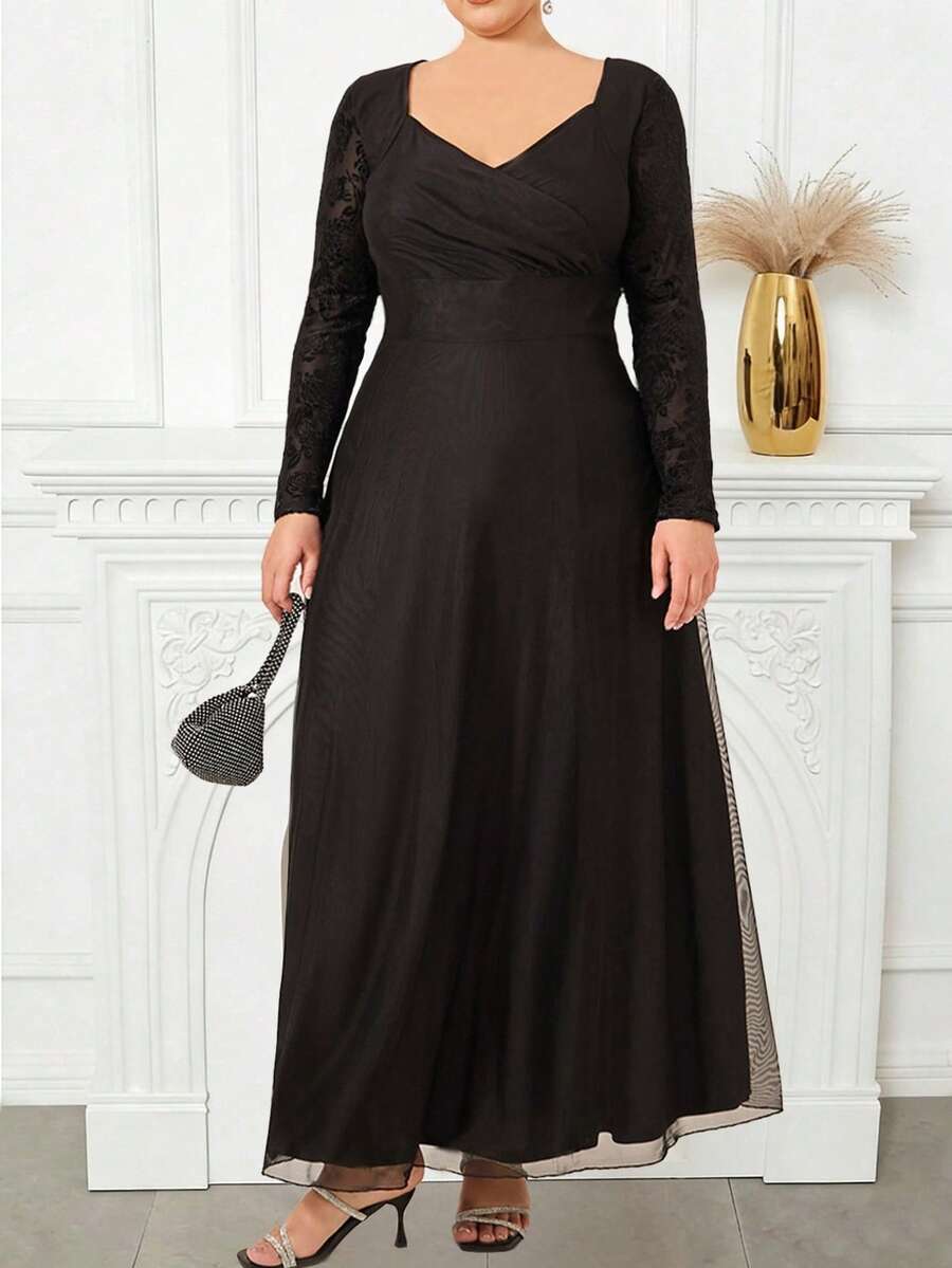 Vestido elegante de unicolor y malla transpirable para mujer de talla grande, adecuado para ocasiones formales y citas, con forro de jacquard de manga larga, un regalo para la esposa en el Día de San Valentín