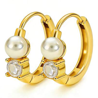 1pc 18K Gold Plated Earrings, Rhinestone & Pearl Decor Titanium Steel Earrings, Fashionable & Versatile Jewelry Suitable For Women's Daily Wear