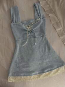 Women Fairy Grunge Tank Tops Y2k Aesthetic Lace Trim Bow Cami Sleeveless Square Neck Slim Fit Coquette Shirt Vintage Streetwear - 藍色 - 查看 1