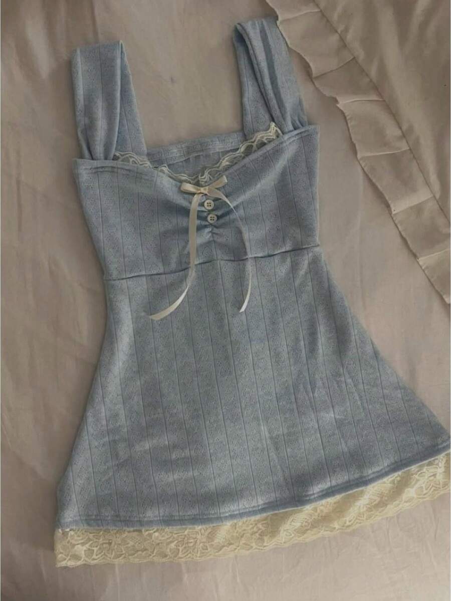 Women Fairy Grunge Tank Tops Y2k Aesthetic Lace Trim Bow Cami Sleeveless Square Neck Slim Fit Coquette Shirt Vintage Streetwear - 藍色 - 查看 1