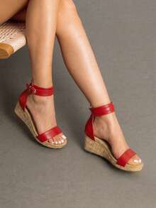 Women's Platform Wedge Sandals Open Toe Buckle Ankle Strapless Sandals Comfortable One-Strap Wood-Grain Bottom Sandals For Mother's Day Gift Summer Shoes - 紅色 - 查看 3