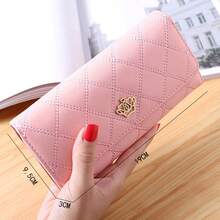 2026 Ny moderiktig lång plånbok för kvinnor, stor kapacitet, tunn läderplånbok med metalliskt kronmönster i rombmönster - Svart - Visa 5