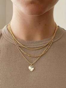 3pcs/Set Elegant & Delicate Heart Shaped Cubic Zirconia Pendant Necklace, Versatile Layered Choker Necklace For Valentine's Day, Mother's Day - Yellow Gold - View 1