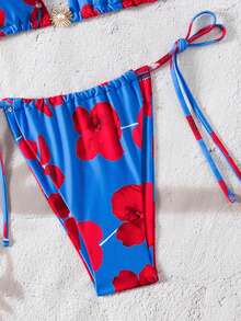 Women's Floral Print Halter Neck Bikini Set, Suitable For Beach & Vacation Summer - Blue - View 5