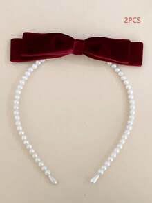 1pc/2Pcs New Year Girl Velvet Bow Hairband Exquisite Pearl Headband Children's Valentine's Day Sweet Hair Accessories - Red - View 10