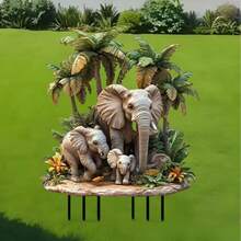1 Set Tropical Garden Decor, Acrylic Elephant Family 3-Piece Set With Palm Tree, Outdoor Decor Without Power Source, Suitable For Various Festivals - Multicolor - View 2