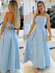 Strapless Tailored Long Dress With Back Tie And Padded Cups - 淺藍色 - 查看 1