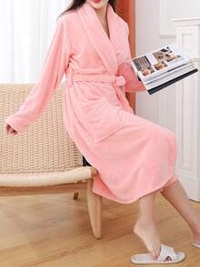 1 pieza Bata de baño de unicolor para mujer, ropa de dormir, ropa de estar en casa, bata, kimono, de felpa coral, suave, absorbente, cómoda, para el dormitorio, el baño, la piscina, los viajes, todo el año, regalo - Morado - Ver 15