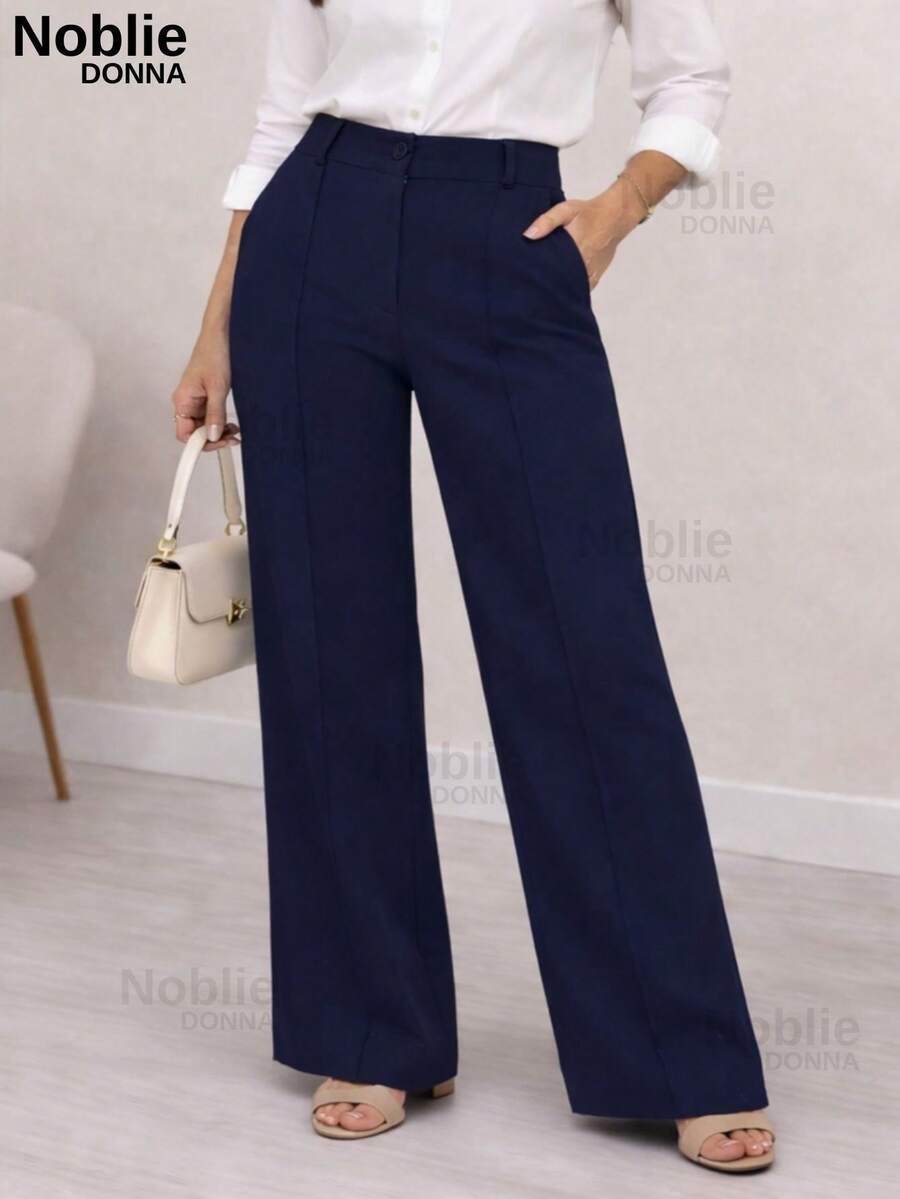 Women's Tailored Dress Pants, Wide Leg, With Zipper, Pockets, And Button, For Office Use. - Navy Blue - View 1