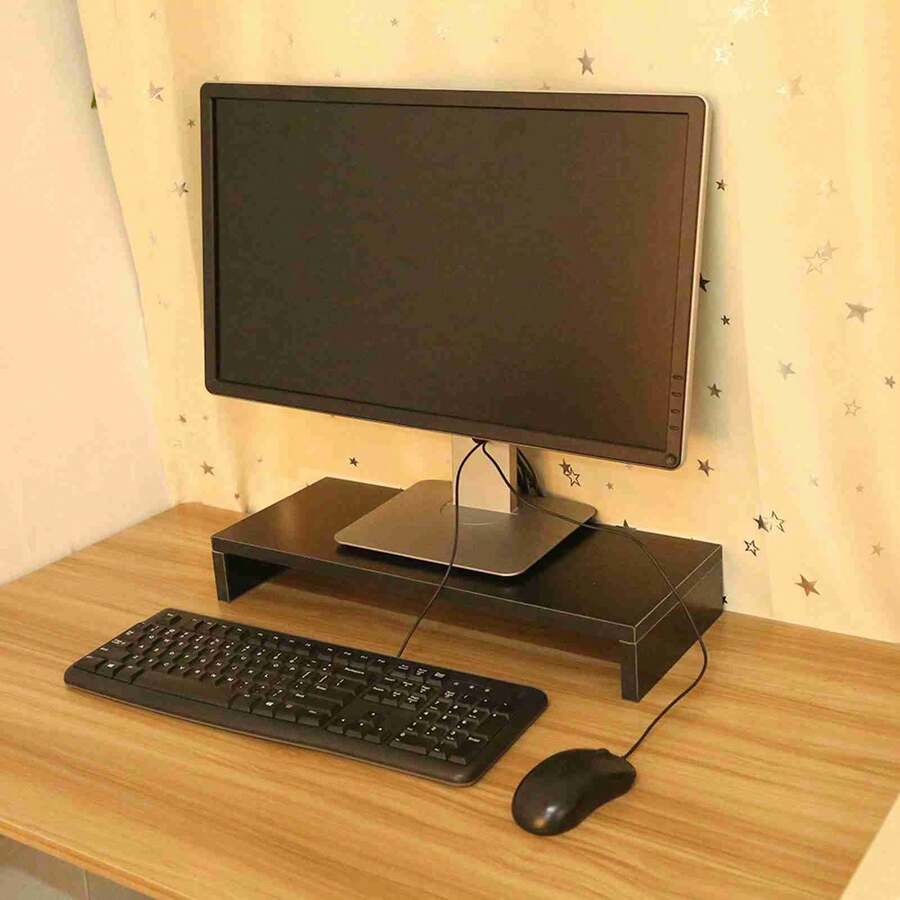 Black Wooden Computer Monitor Riser Desktop Organizer Display Shelf For LED/LCD Monitors