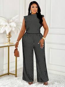 BIUBIU 优雅黑白条纹连体裤，女士高领无袖阔腿休闲办公连体裤 - 黑色 - 查看 7