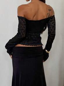 Women's Autumn Black Lace Trim Patchwork Waist-Cinching Casual Outing Top Back To School - Black - View 6
