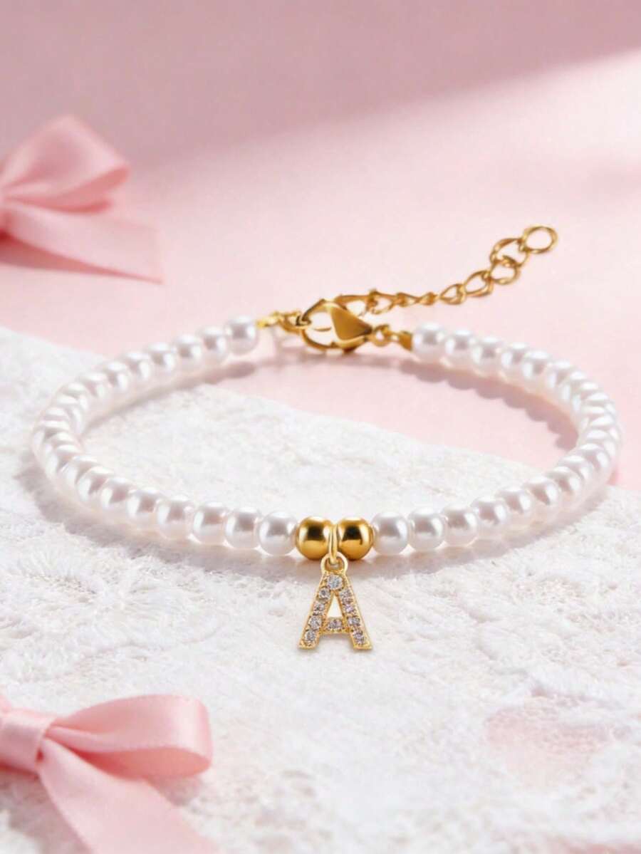 甜美珍珠字母串珠手链，女孩专属个性化时尚手链，送给她的礼物 - 均碼 - 查看 1