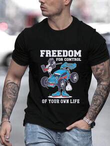 1 pcs Cartoon Letter graphic print Playeras Hombre 180g 100% Algodon Cuello Redondo Casual Men's Skull Art Graphic T Shirt - Negro - Ver 11