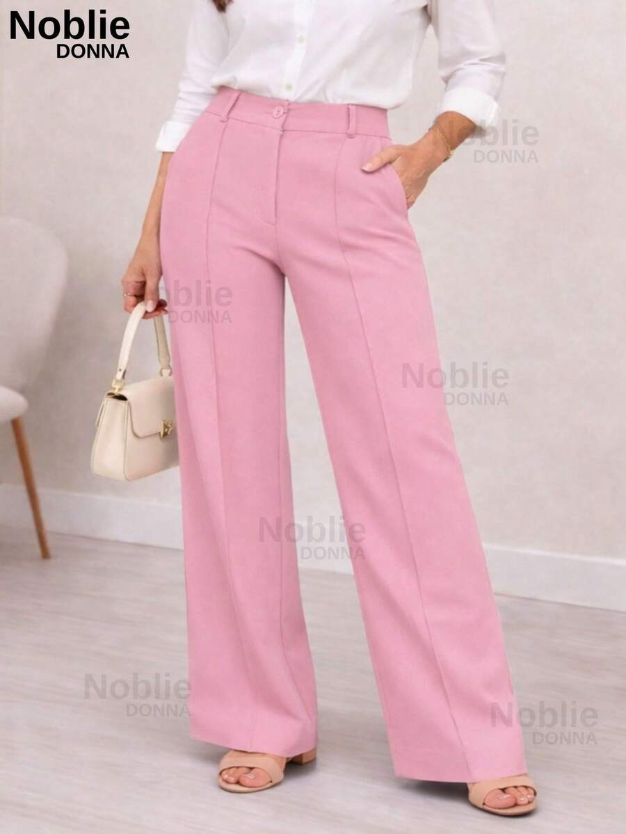 Women's Tailored Dress Pants, Wide Leg, With Zipper, Pockets, And Button, For Office Use. - Baby Pink - View 1