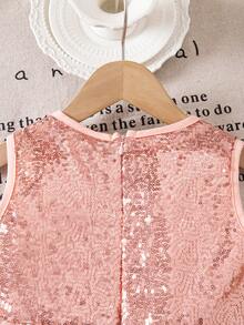 Girls Summer Fashion Glamorous Sequin Patchwork Sequins Tulle Tutu Dress Cute Bow Sweet Round Neck Sleeveless Party Dress - Coral Pink - View 10