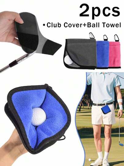 Pokrowiec na kij golfowy + ręcznik do wycierania piłek, dwuwarstwowy ręcznik do czyszczenia kijów golfowych, ręcznik do wycierania piłek, ściereczka do czyszczenia kijów, wieszak na ręczniki, pokrowiec na kij golfowy, osłona ochronna na główkę kija, odpowiedni do aktywności na świeżym powietrzu, wiele kolorów do wyboru