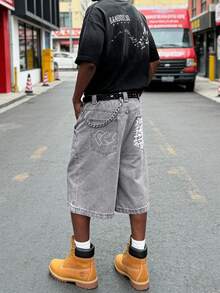 男士休闲牛仔5英寸刺绣印花短裤，夏季时尚